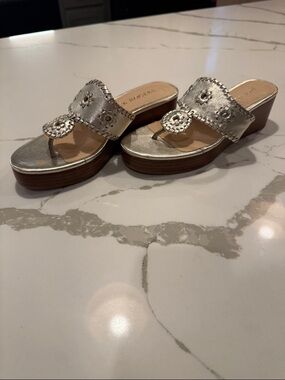 Jack Rogers Metallic Platinum Wedge Thong Sandals